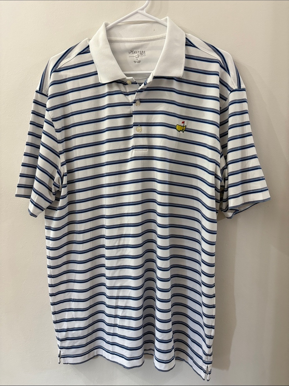 Masters Tech - Men’s White & Navy Stripe Polo Shirt - large
